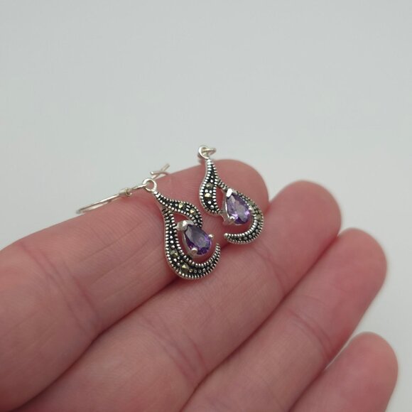 Sterling Silver Cubic Zirconia And Marcasite Gem Earrings A473 - Picture 2 of 6